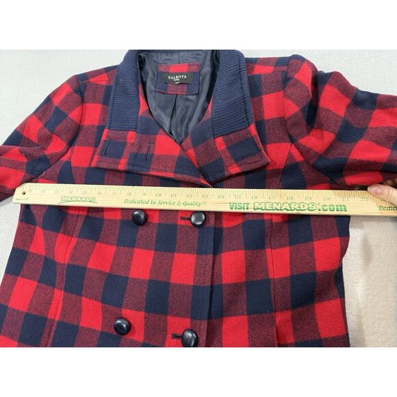 Talbots Womens Pea Coat Red Buffalo Plaid Lined Wool Jacket Sz L 14 Petite Navy - Picture 5 of 16
